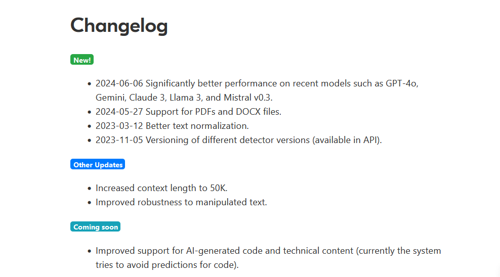 AI Detector Tool Changlog